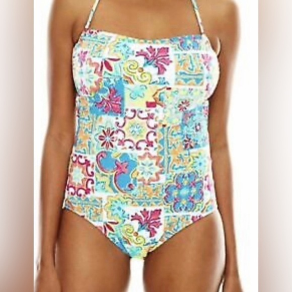 Liz Claiborne | Multi Graphic Print Halter Top One Piece Bathing Suit NWT 8 - Picture 1 of 12